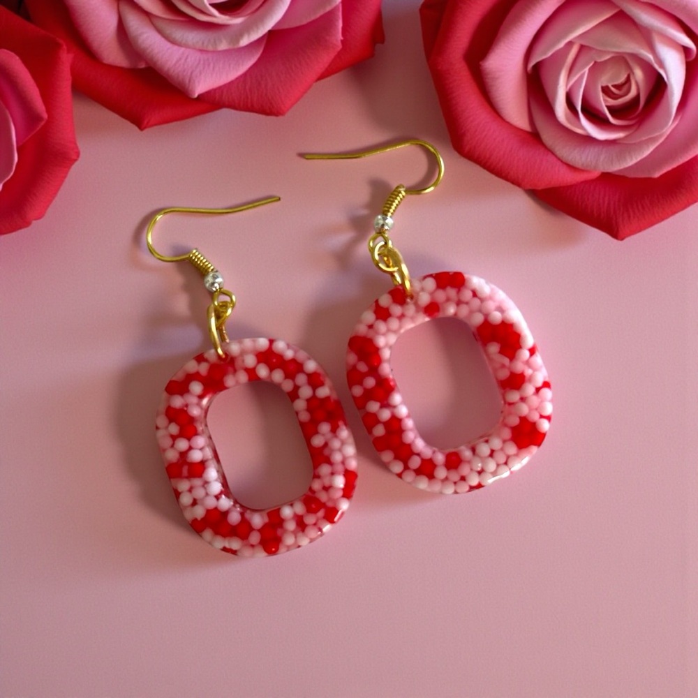 Red and Pink Beaded Dangle Earrings